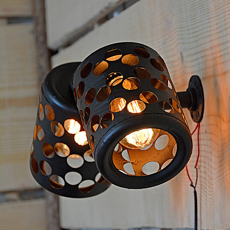 Cylinder Outdoor Wall Sconce - Antiqued Iron 2 Heads, Black Finish, with Hollow Out Design