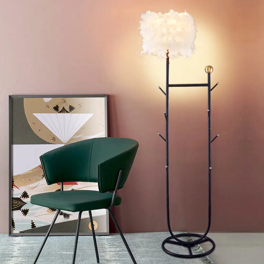U-Shape Metallic Tree Floor Lamp, 1-Light Black/Gold Finish with Feather Shade - Simple and Stylish Lighting