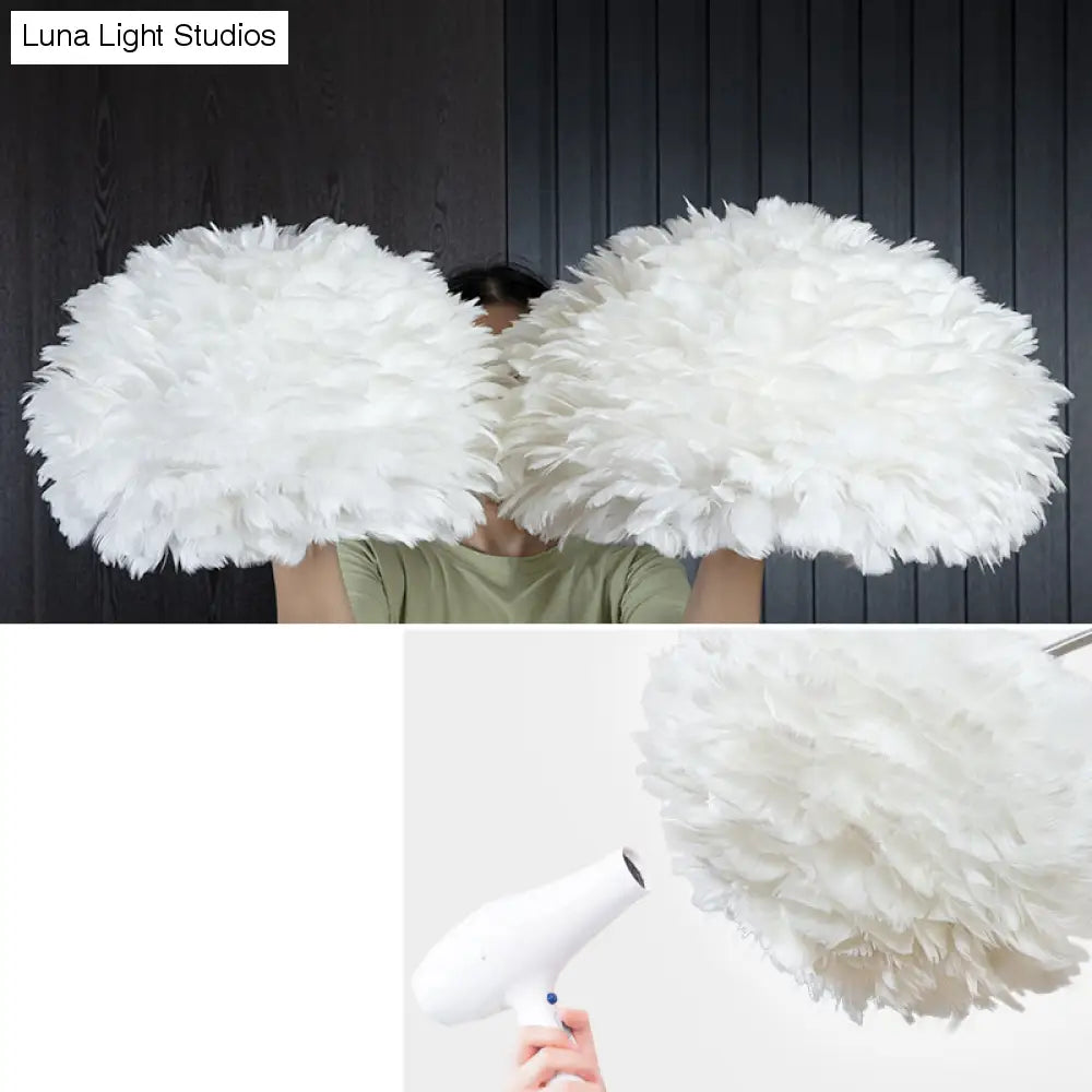 Simple White Feather Floor Lamp with Extendable Fishing Rod Arm