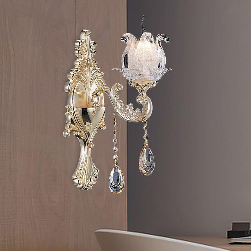 Traditional Gold Semi-Open Flower Frosted Glass Sconce for Living Room Wall.