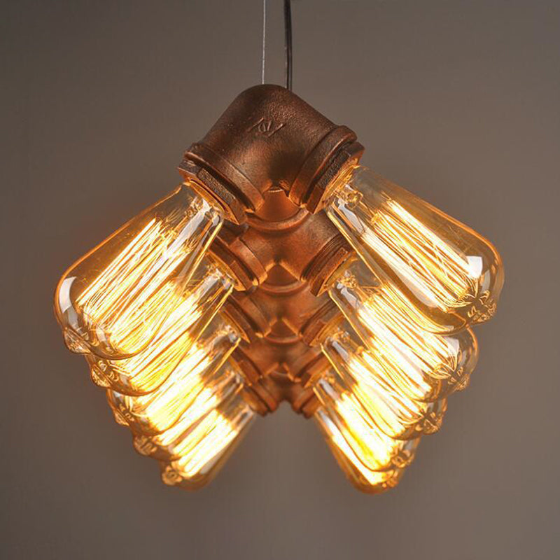 Copper and Black Industrial Kitchen Island Pendant Light with Symmetric Piping and 10 Bulbs