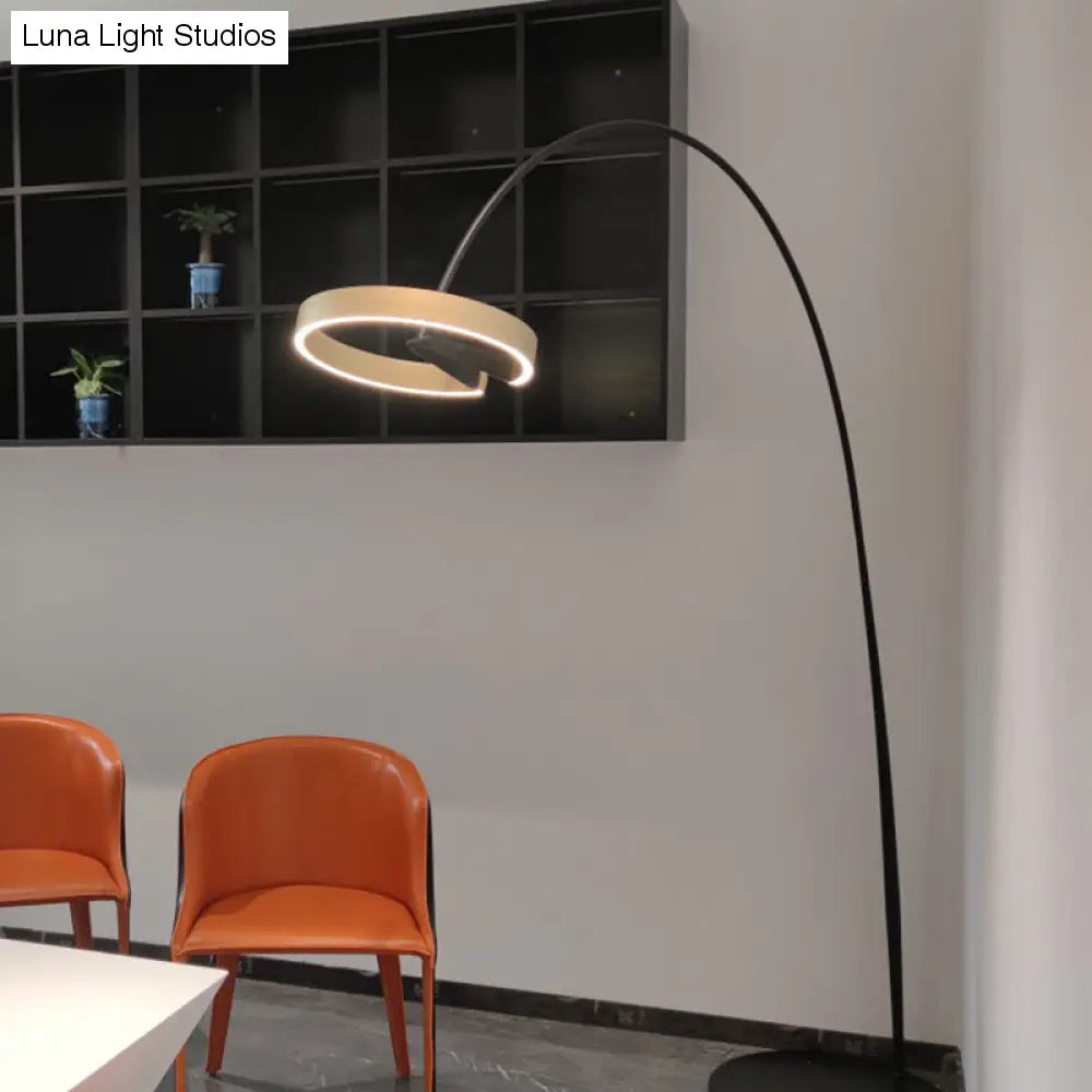 Minimalist Metal LED Floor Lamp with Rotatable Gold Loop and Fishing Rod Pole