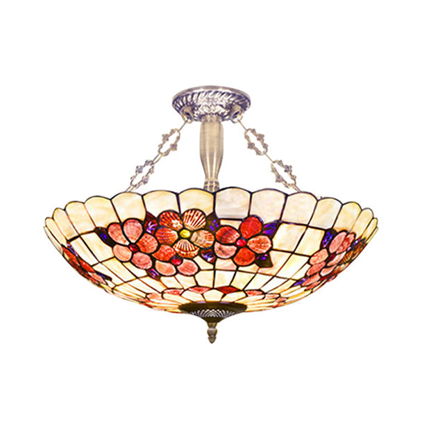 Scalloped Shade Semi Flush Stained Glass Ceiling Light Retro Style, 12