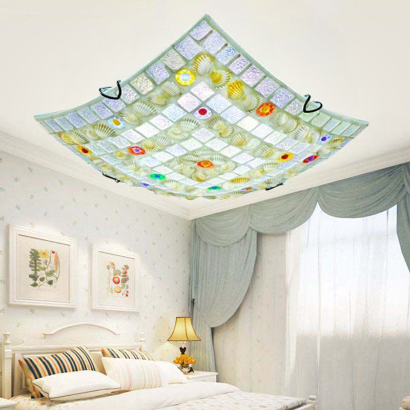 Tiffany Style Square Shell Flush Mount Ceiling Light with 3 Lights, White - Ideal for Kitchen (12
