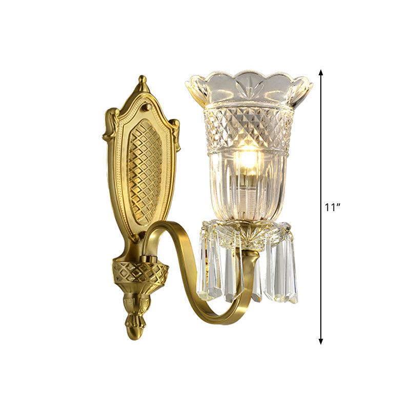 Vintage Floral Wall Light with Clear Crystal Glass Shade in Gold - 1 Light, Wall Mounted Lamp