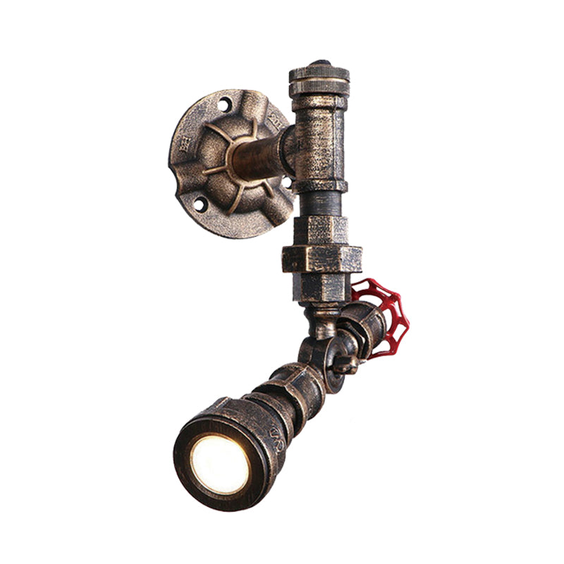 Farmhouse Water Pipe Iron Wall Lamp in Bronze with Red Valve Deco - 1/2-Bulb Sconce Light Fixture