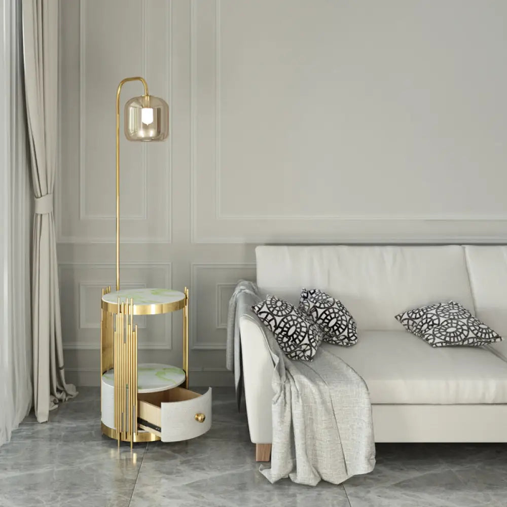 Modern Glass Cylinder Floor Lamp with Table, Drawer and Gooseneck Design