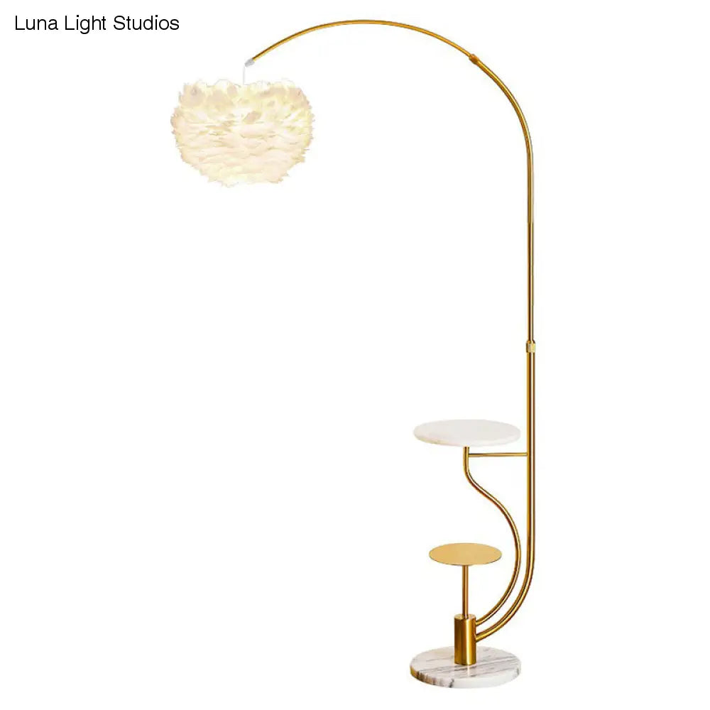 Modern Hemisphere Floor Lamp with Feather Shade and Tray – Stylish Living Room Lighting
