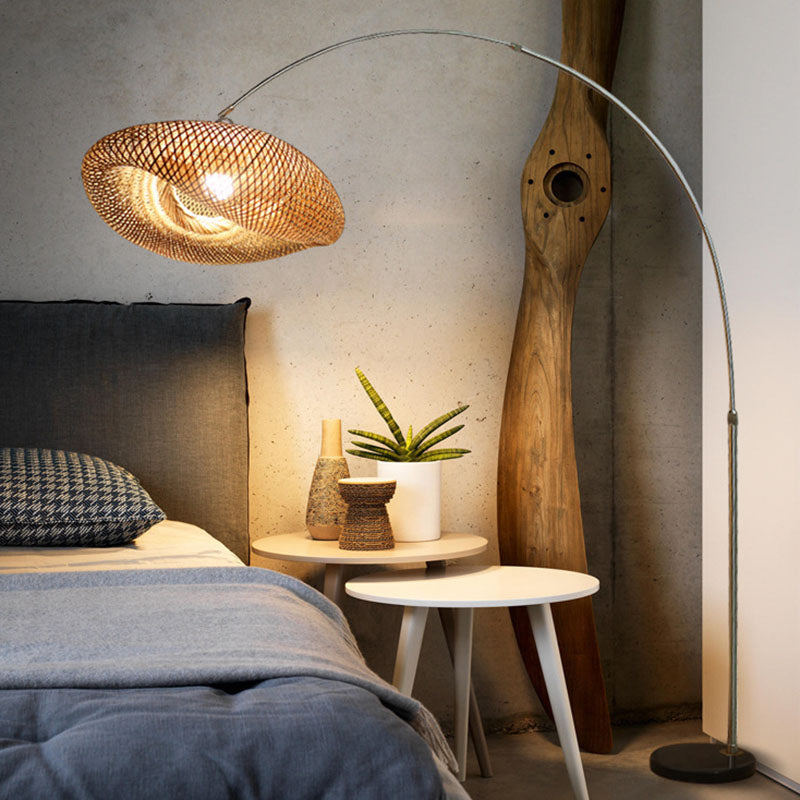 Bamboo Standing Fishing Rod Floor Lamp with Swivel Shade - Wood Reading Light