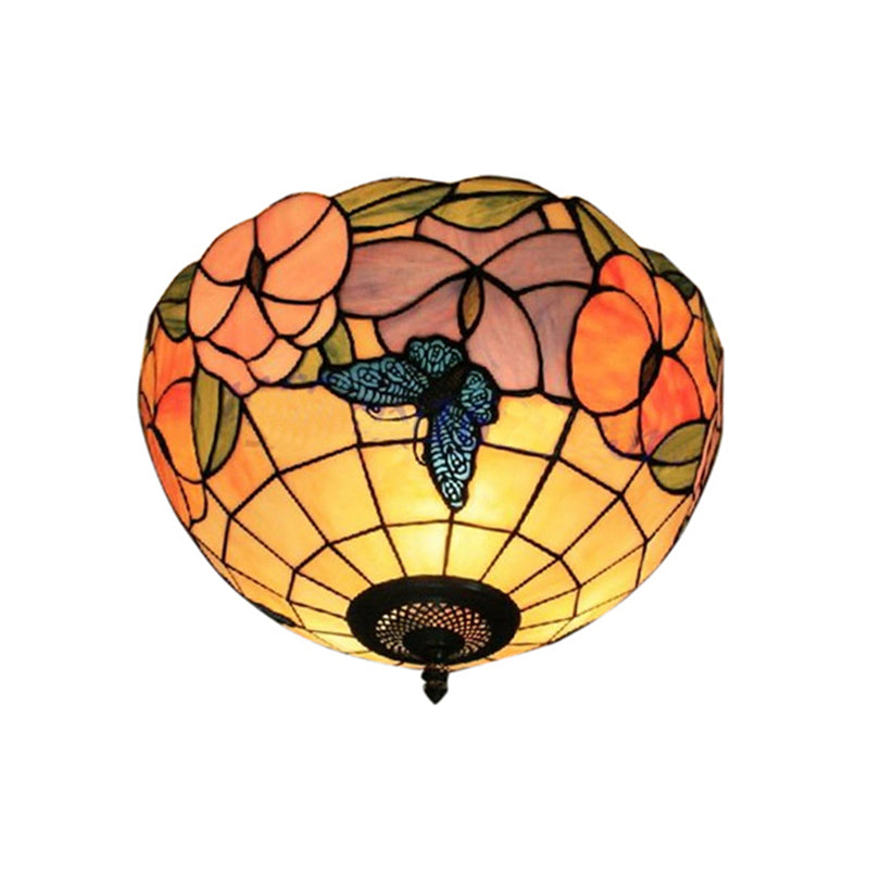 Tiffany Stained Glass Flush Mount Lighting with Flower and Butterfly Pattern in White - Bowl Shade Flush Mount