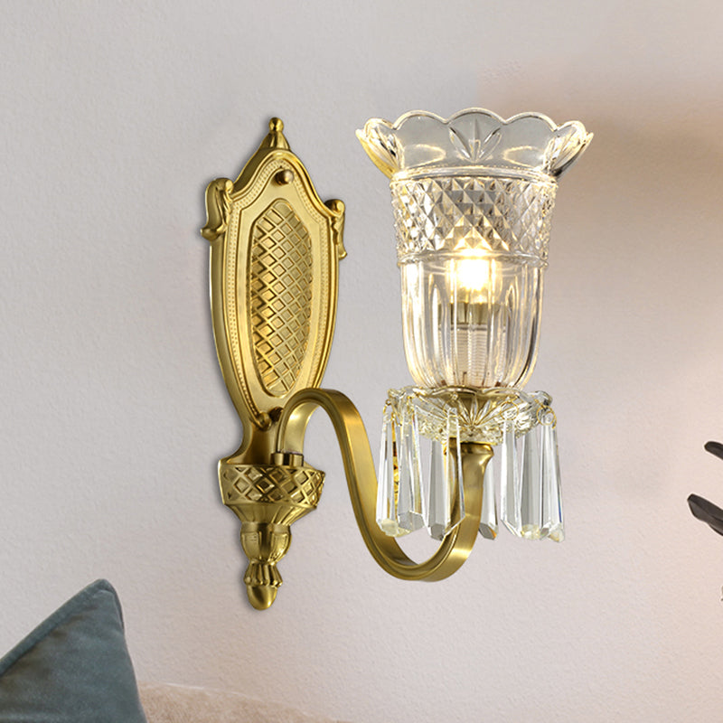 Vintage Floral Wall Light with Clear Crystal Glass Shade in Gold - 1 Light, Wall Mounted Lamp