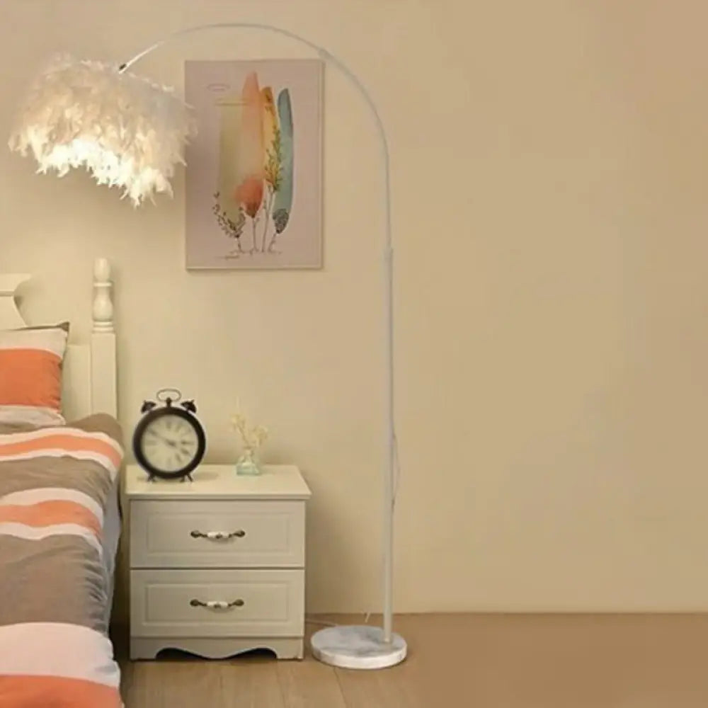 Simplicity White Drum Floor Lamp with Feather Accent, Tray, and Arc Arm