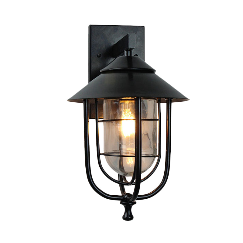 Vintage Metal Wall Mounted Sconce with Clear Glass Shade - Wire Cage Outdoor Lamp, Black Finish