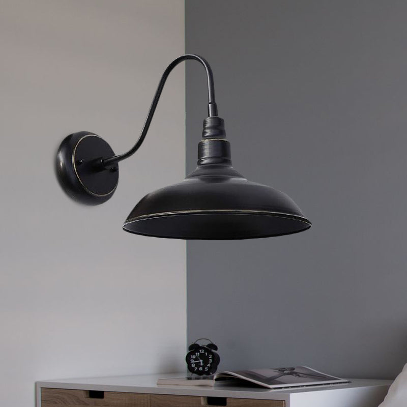 Farmhouse Barn Wall Sconce Lamp with Gooseneck Arm - Outdoor Metal Lighting (Black)