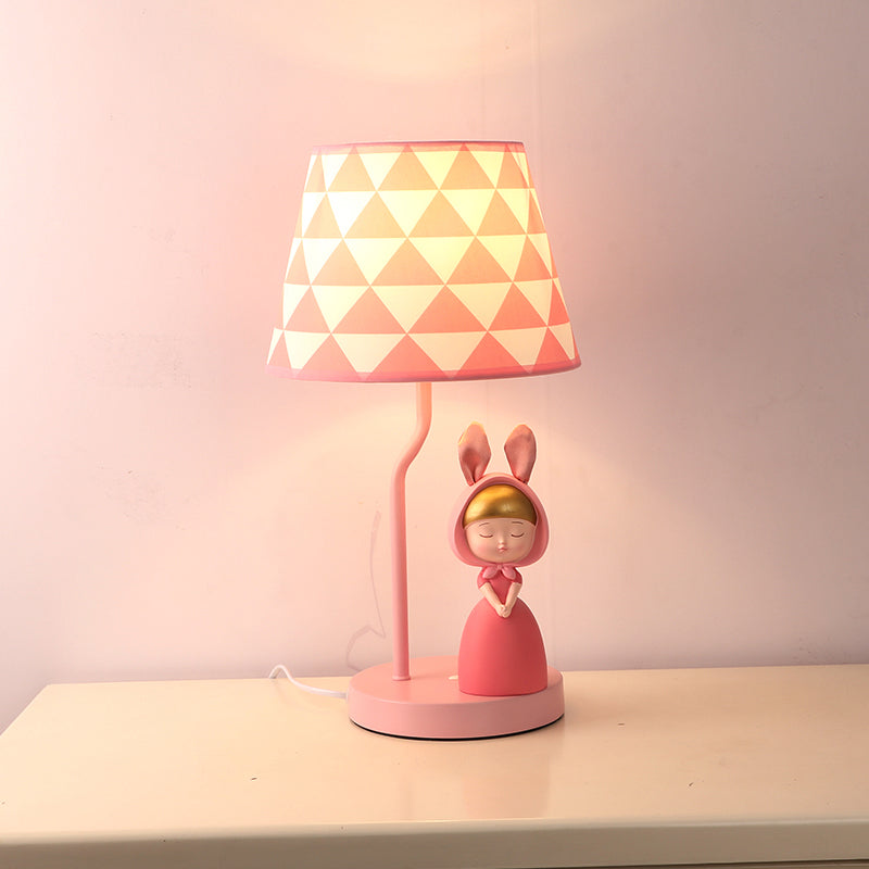 Kids' Pink Fabric Drum Table Lamp with Resin Figurine - Tapered Design for Bedroom Nightstand
