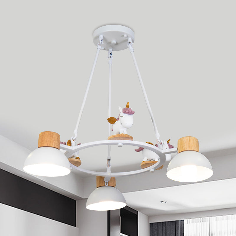 Lustre suspendu en forme de dôme pour enfants : éclairage à suspension en métal à 3/6 lumières avec décor de cerf/cheval en noir/blanc