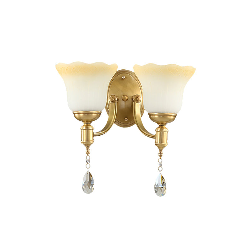 Retro Style 1/2-Head Gold Wall Lamp with Crystal Drop - Blossom Opaque Glass Wall Lighting
