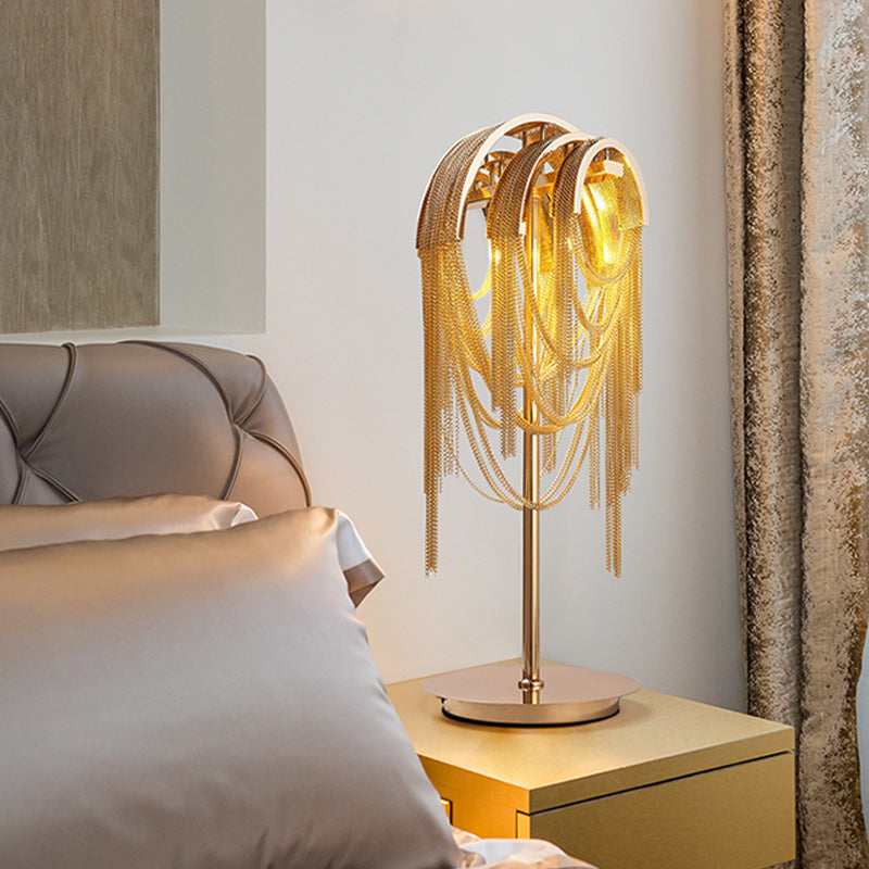 Golden Mid Century Tassel Chain Night Lamp with Aluminum Finish - Bedside Table Lighting