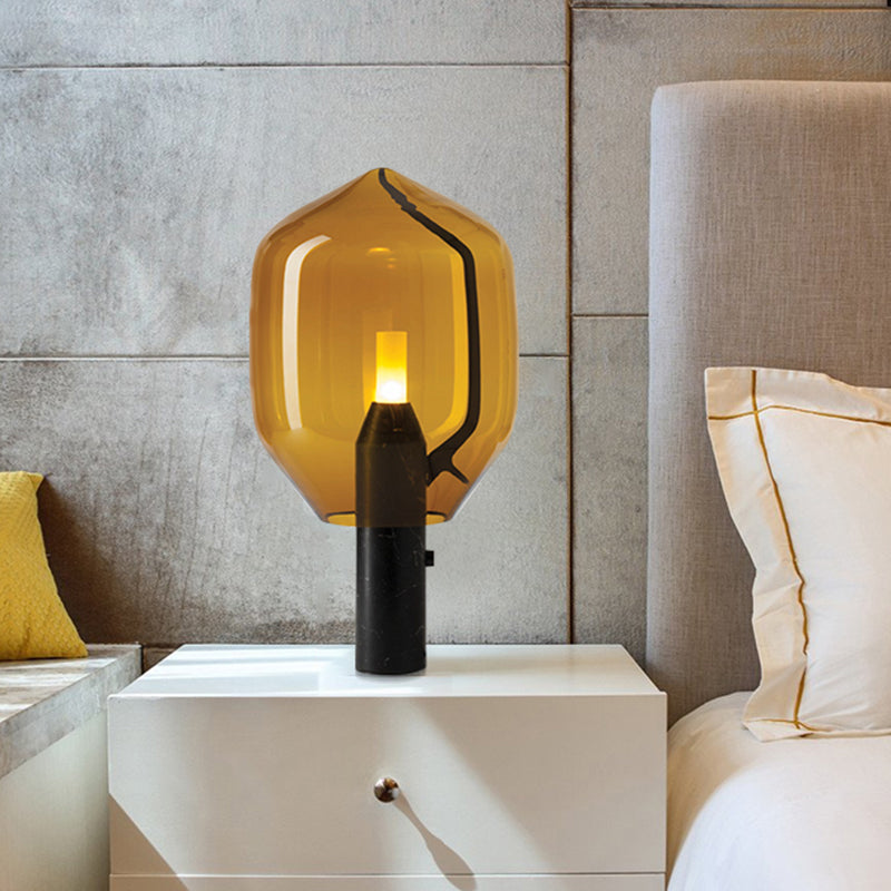 Modern Metallic Bedside Table Lamp with Blown Glass Shade & LED Nightstand Light