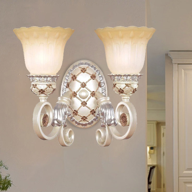 French Country Blossom Wall Sconce - Opaline Glass Lighting with Swirl Arm in Gold