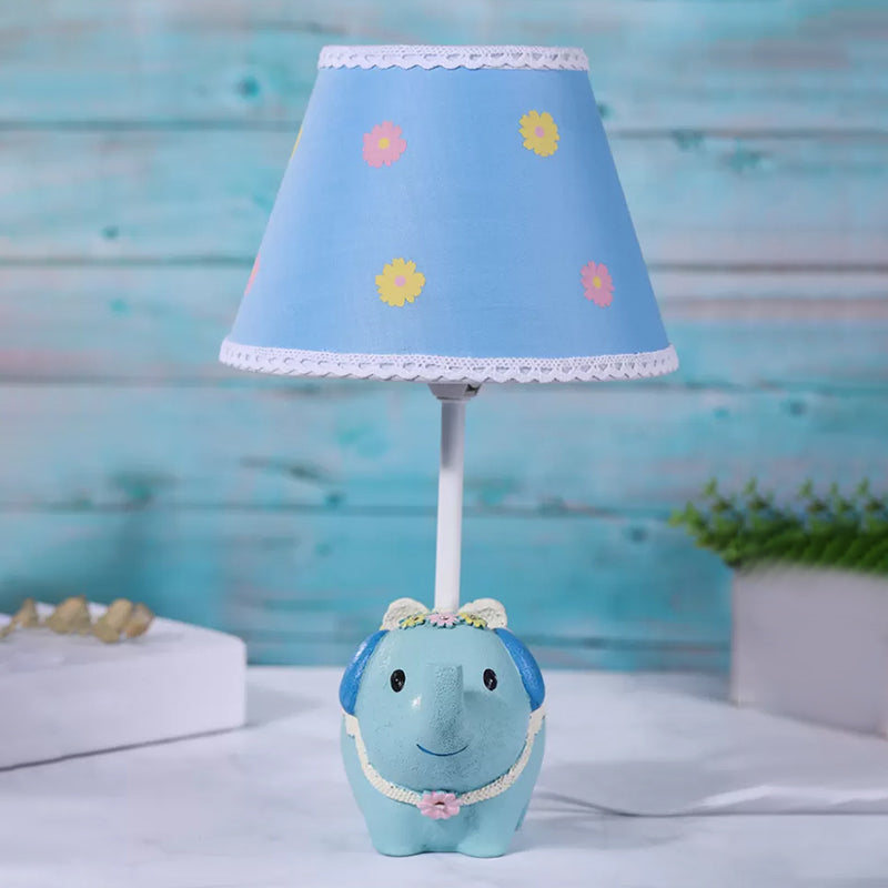 Lampe de bureau cône bleu avec motif floral – Lampe de table en tissu pour enfants, base éléphant