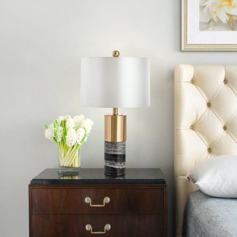 White Fabric Drum Table Lamp with Marble Base - Minimalist Living Room Nightstand Lighting