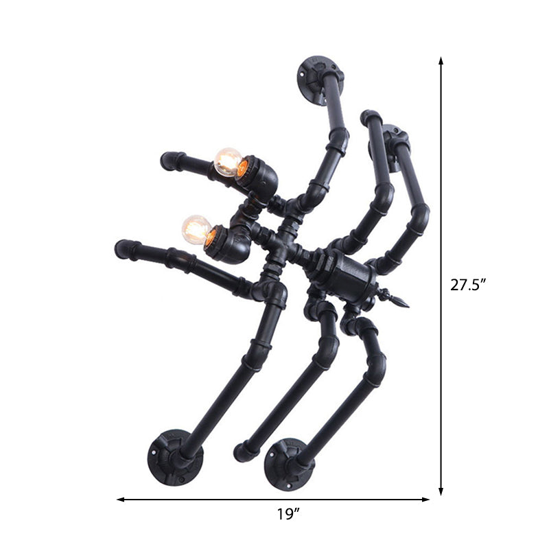 Antique Style Black Spider Wall Lamp: Metallic, Water Pipe Design, 2 Bulbs for Stairway