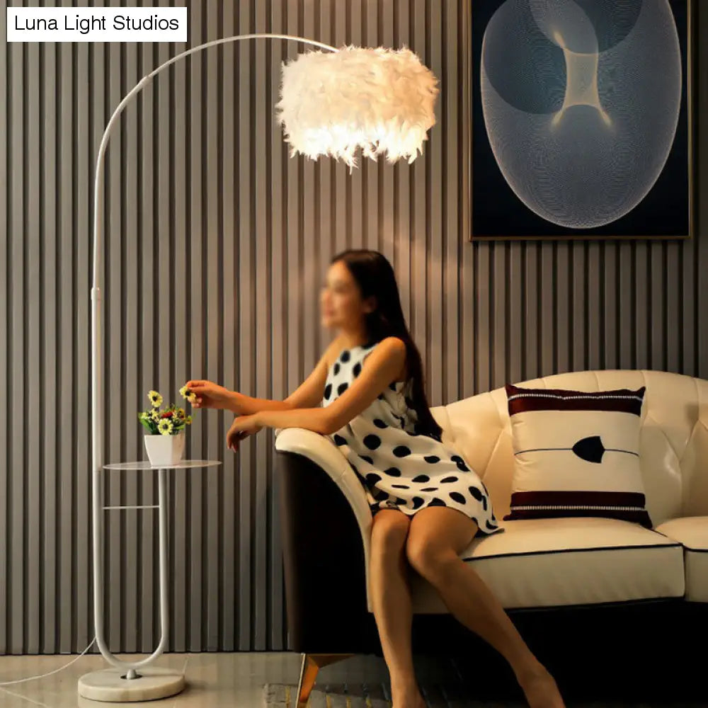 Simplicity White Drum Floor Lamp with Feather Accent, Tray, and Arc Arm