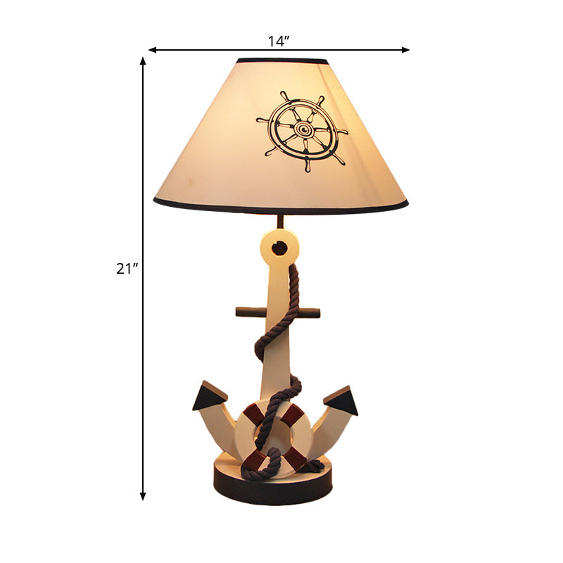 Lampe de table en bois pour enfants – Bouée de sauvetage/gouvernail, lampe de chevet bleue à 5 lumières avec abat-jour conique en tissu