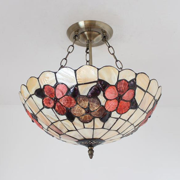 Scalloped Shade Semi Flush Stained Glass Ceiling Light Retro Style, 12