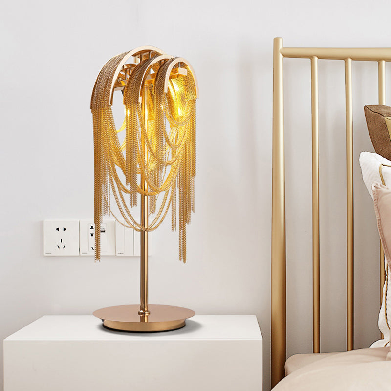 Golden Mid Century Tassel Chain Night Lamp with Aluminum Finish - Bedside Table Lighting