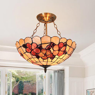 Scalloped Shade Semi Flush Stained Glass Ceiling Light Retro Style, 12