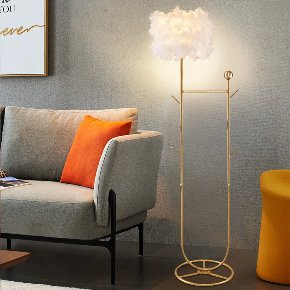 U-Shape Metallic Tree Floor Lamp, 1-Light Black/Gold Finish with Feather Shade - Simple and Stylish Lighting