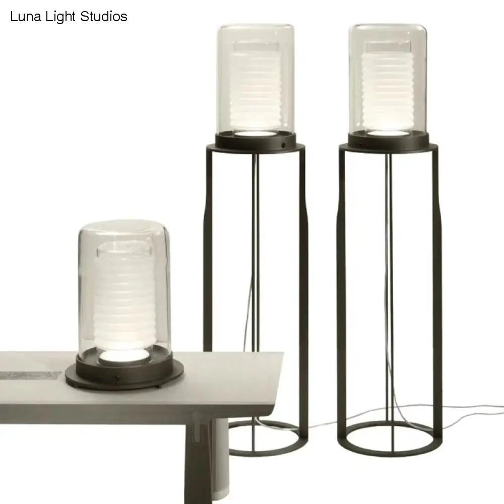 Stylish LED Floor Lamp - Black Dual Cylinder Stand with Glass Shade - Perfect for Living Room