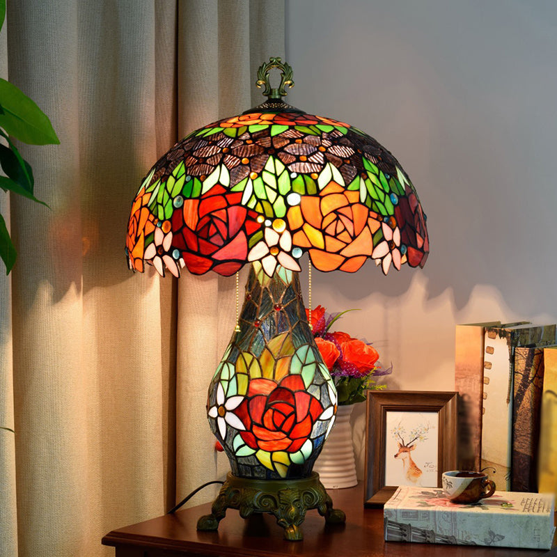 3-Headed Green Tiffany Stained Art Glass Rose Pattern Table Lamp with Mushroom Shade - Nightstand Lighting