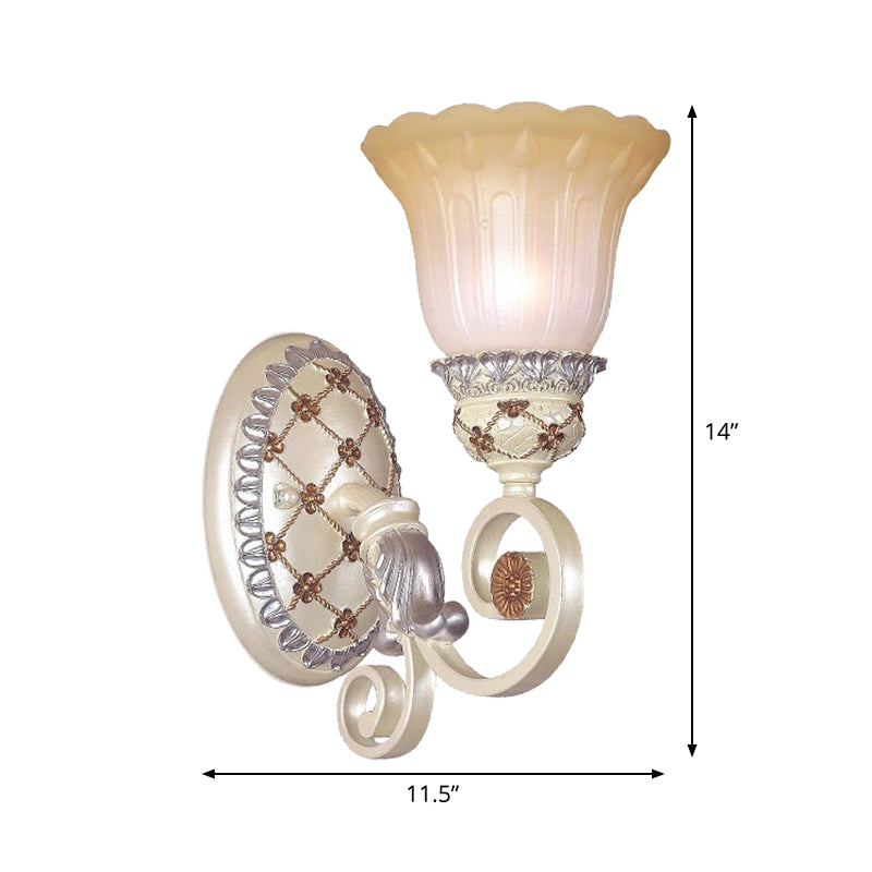 French Country Blossom Wall Sconce - Opaline Glass Lighting with Swirl Arm in Gold