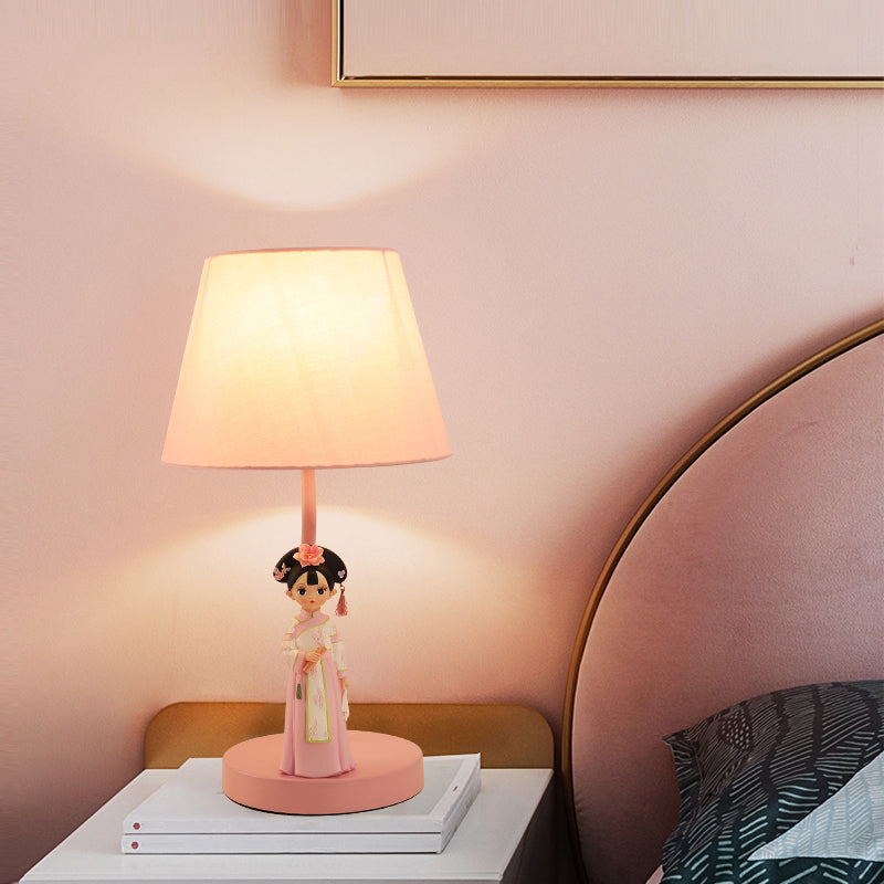 Cartoon 1-Light Fabric Bucket Shade Table Lamp: White Nightstand Lighting with Figurine Decor