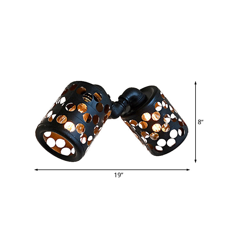 Cylinder Outdoor Wall Sconce - Antiqued Iron 2 Heads, Black Finish, with Hollow Out Design