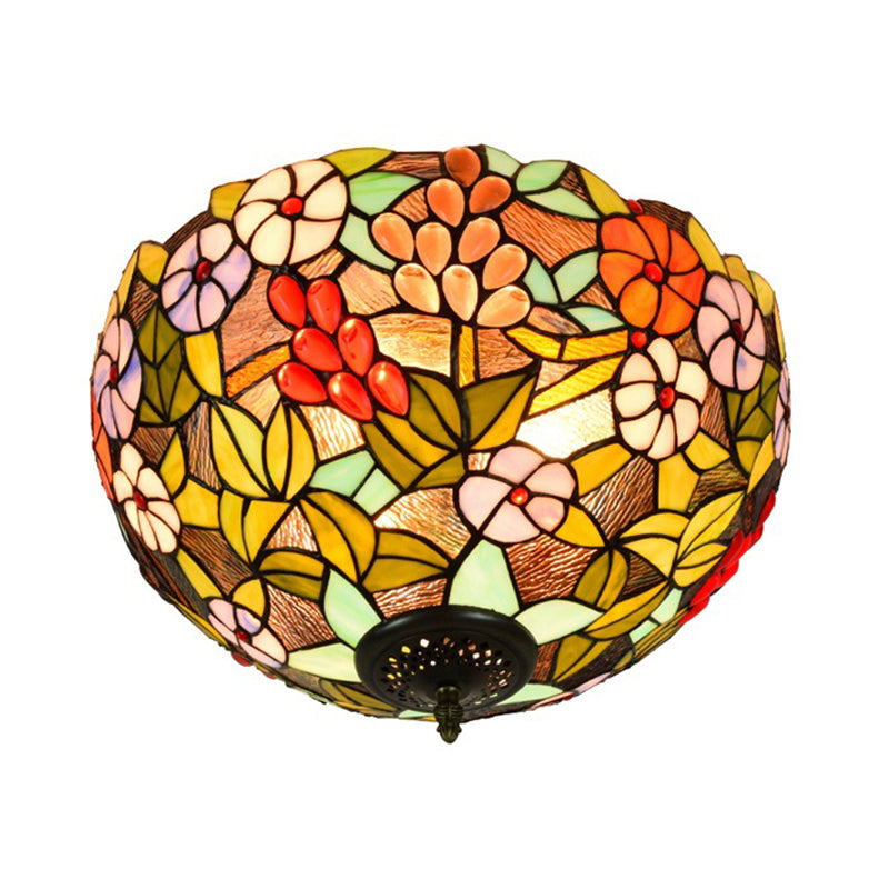 Flower Ceiling Lighting Tiffany Brass Flush Mount Light for Hallway - 2/3 Lights, 12