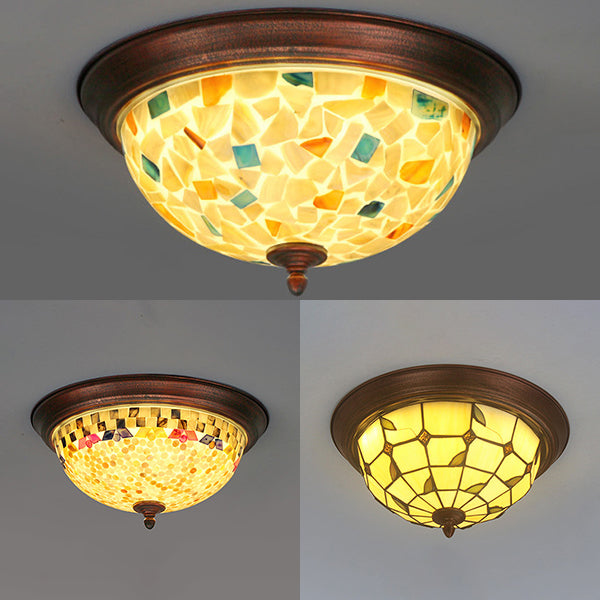 Beige Round Flushmount Lodge Stained Glass Ceiling Light Fixture with Floral/Geometric Elements