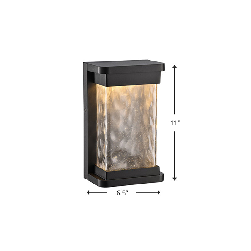 Modern Black LED Outdoor Wall Sconce with Rippled Glass in Rectangle Design