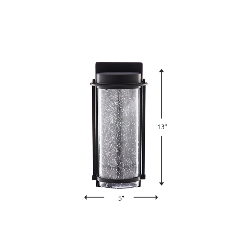 Black rectangular outdoor wall light with rippled glass and original dimension markings