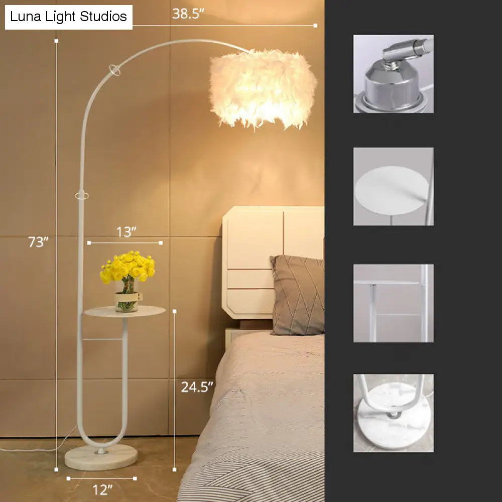 Simplicity White Drum Floor Lamp with Feather Accent, Tray, and Arc Arm