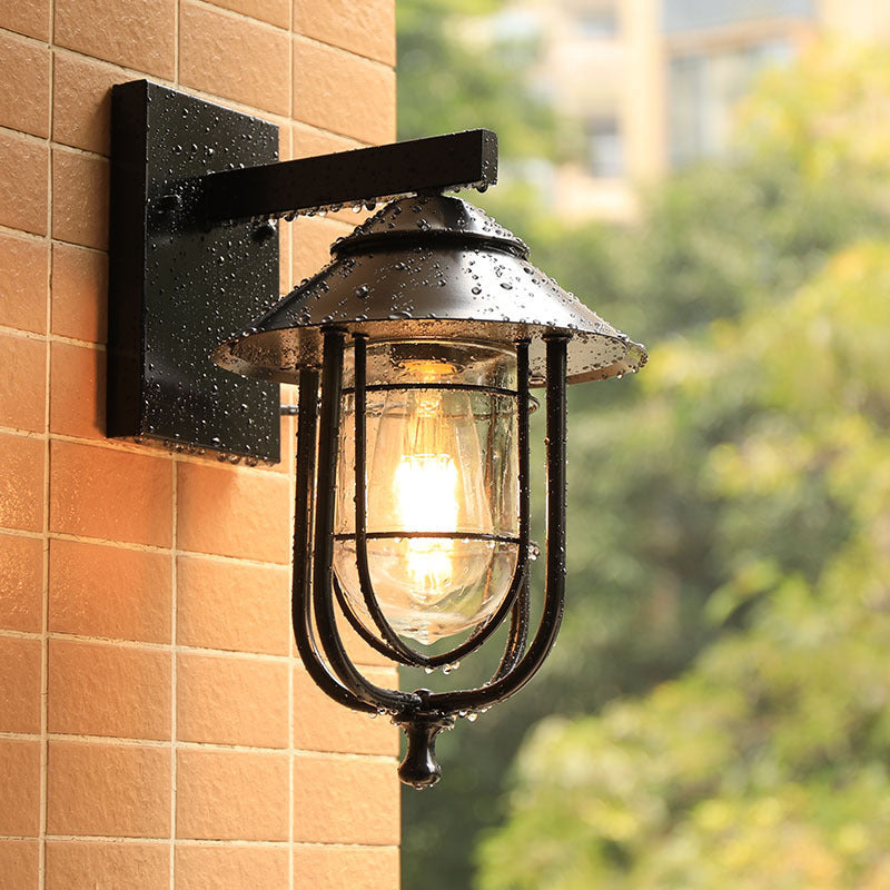 Vintage Metal Wall Mounted Sconce with Clear Glass Shade - Wire Cage Outdoor Lamp, Black Finish