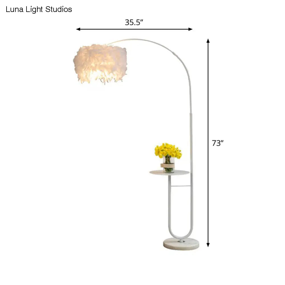 Simplicity White Drum Floor Lamp with Feather Accent, Tray, and Arc Arm