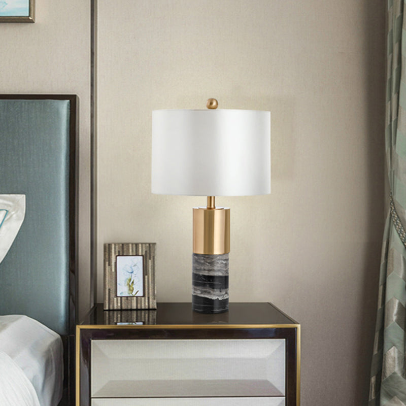 White Fabric Drum Table Lamp with Marble Base - Minimalist Living Room Nightstand Lighting