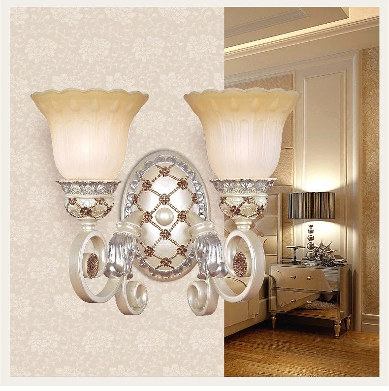 French Country Blossom Wall Sconce - Opaline Glass Lighting with Swirl Arm in Gold