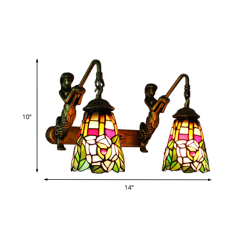 Meerkleurig glas-in-lood Tiffany uitlopende wandmontagelamp - 2-koppige gang met pauwstaart/bloempatroon