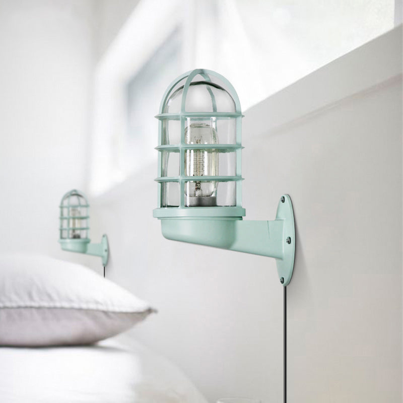 Green Clear Glass Industrial Bathroom Sconce Lighting: Wall-Mounted Plug-In Corded Fixture with Caged Shade