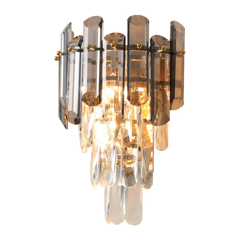 Modern Tiered Clear and Smoke Grey Crystal Wall Sconce & Light Fixture
